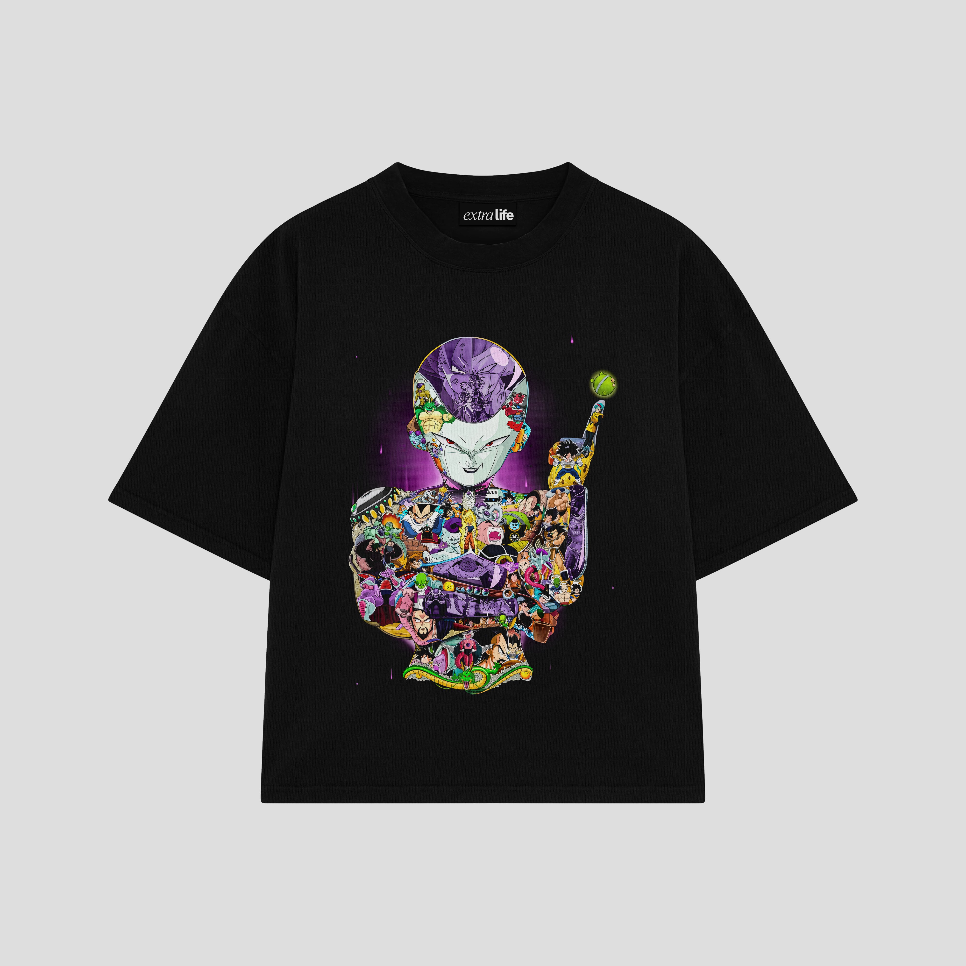 Playera streetwear premium de anime y gaming ExtraLife MX, corte boxy oversized drop shoulder heavyweight en color Deep Black y Off-White, moda urbana mexicana de culto.