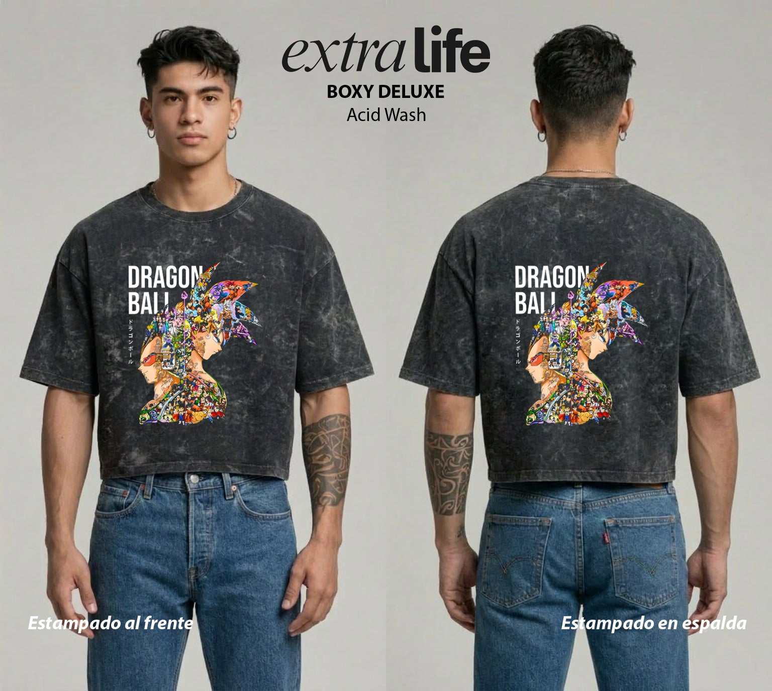 Playera streetwear premium de anime y gaming ExtraLife MX, corte boxy deluxe mineral wash heavyweight en color Acid Wash, moda urbana mexicana de culto.