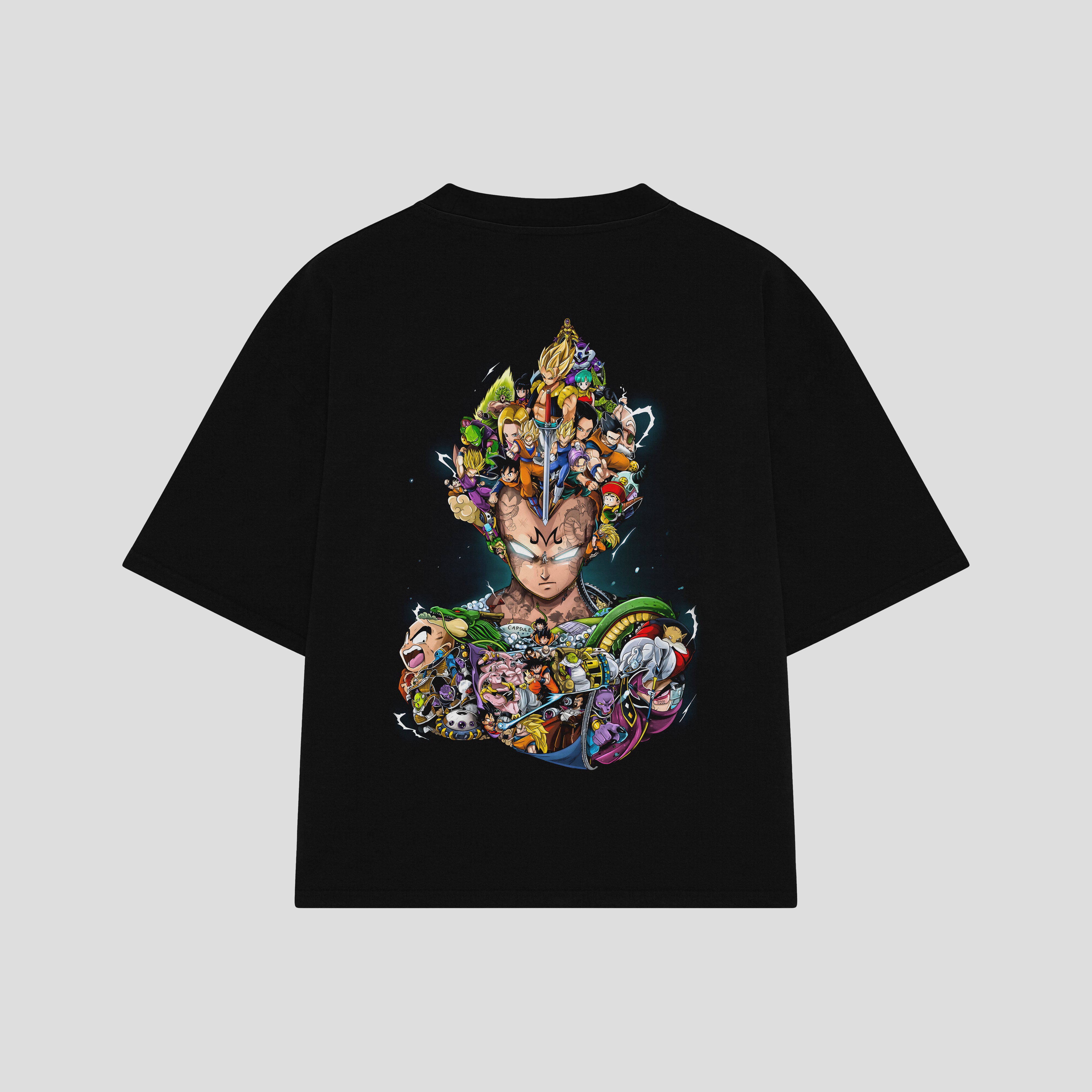 Playera streetwear premium de anime y gaming ExtraLife MX, corte boxy oversized drop shoulder heavyweight en color Deep Black y Off-White, moda urbana mexicana de culto.