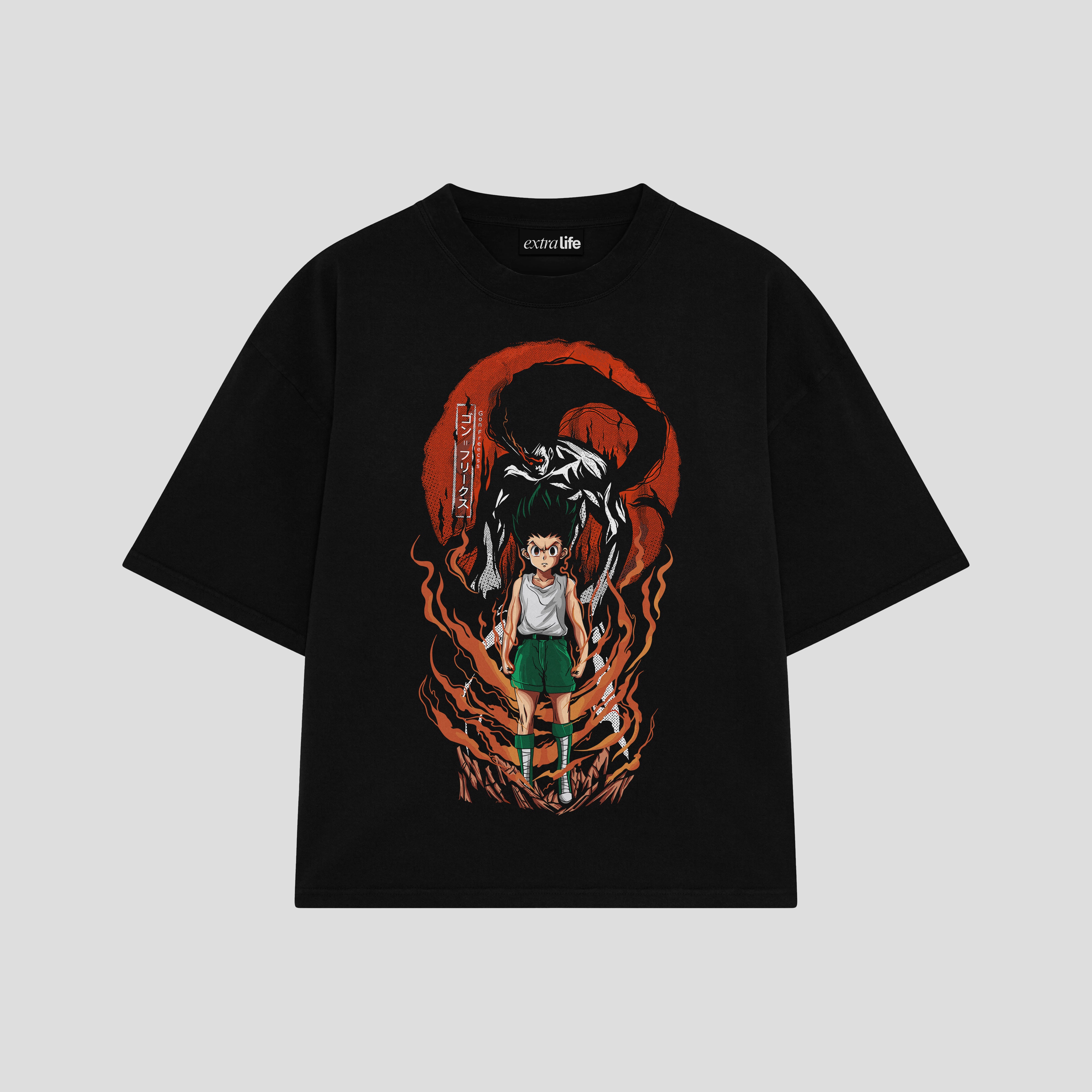 Playera streetwear premium de anime y gaming ExtraLife MX, corte boxy oversized drop shoulder heavyweight en color Deep Black y Off-White, moda urbana mexicana de culto.