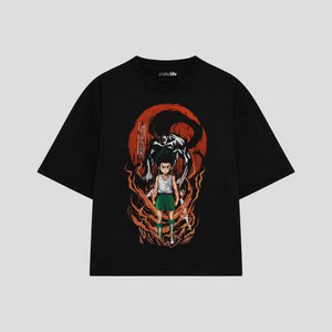 Playera streetwear premium de anime y gaming ExtraLife MX, corte boxy oversized drop shoulder heavyweight en color Deep Black y Off-White, moda urbana mexicana de culto.