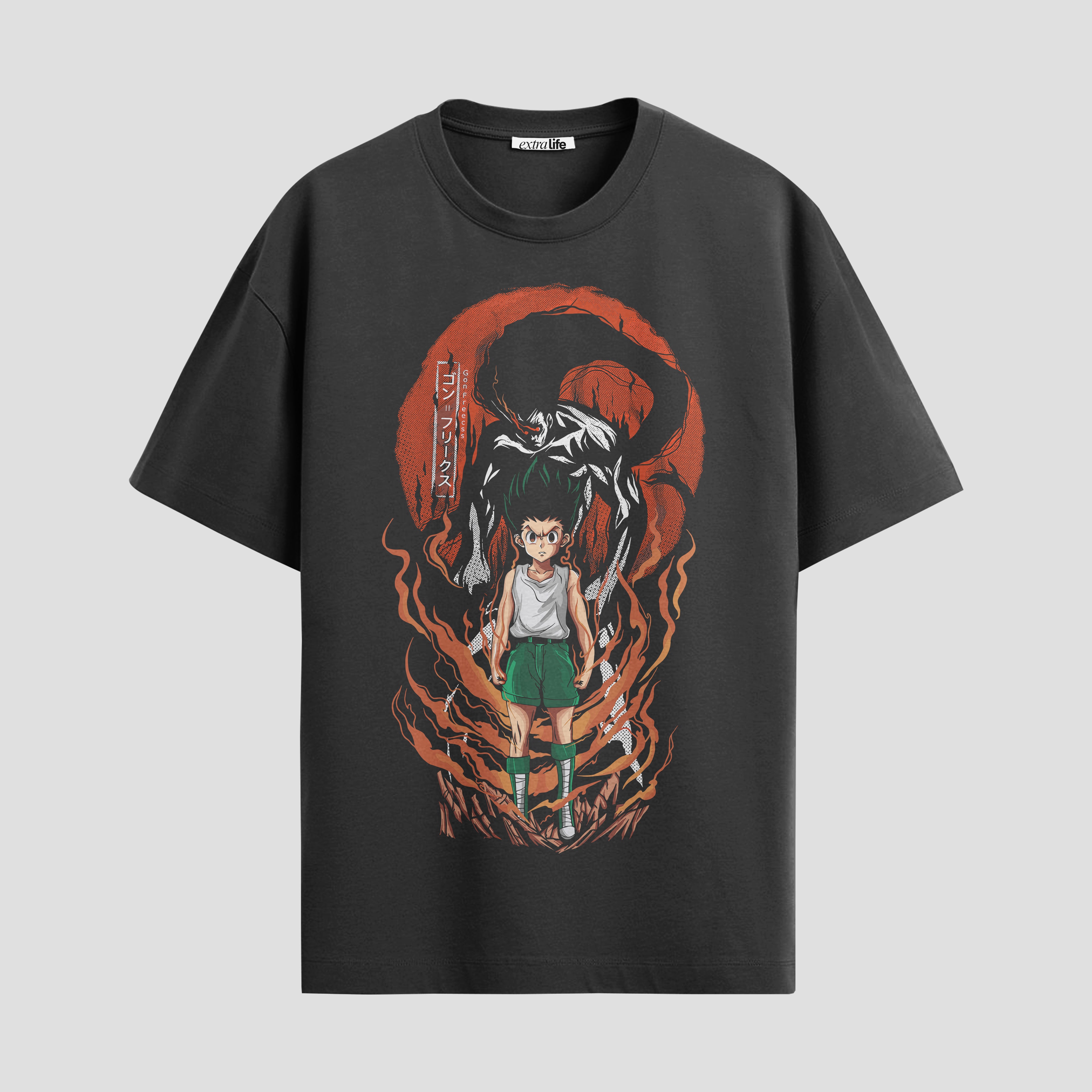 Playera urbana de anime y gaming ExtraLife MX, corte Standard Fit unisex ligero y transpirable en color Deep Black y Pure White, ropa de uso diario para gym y casual.