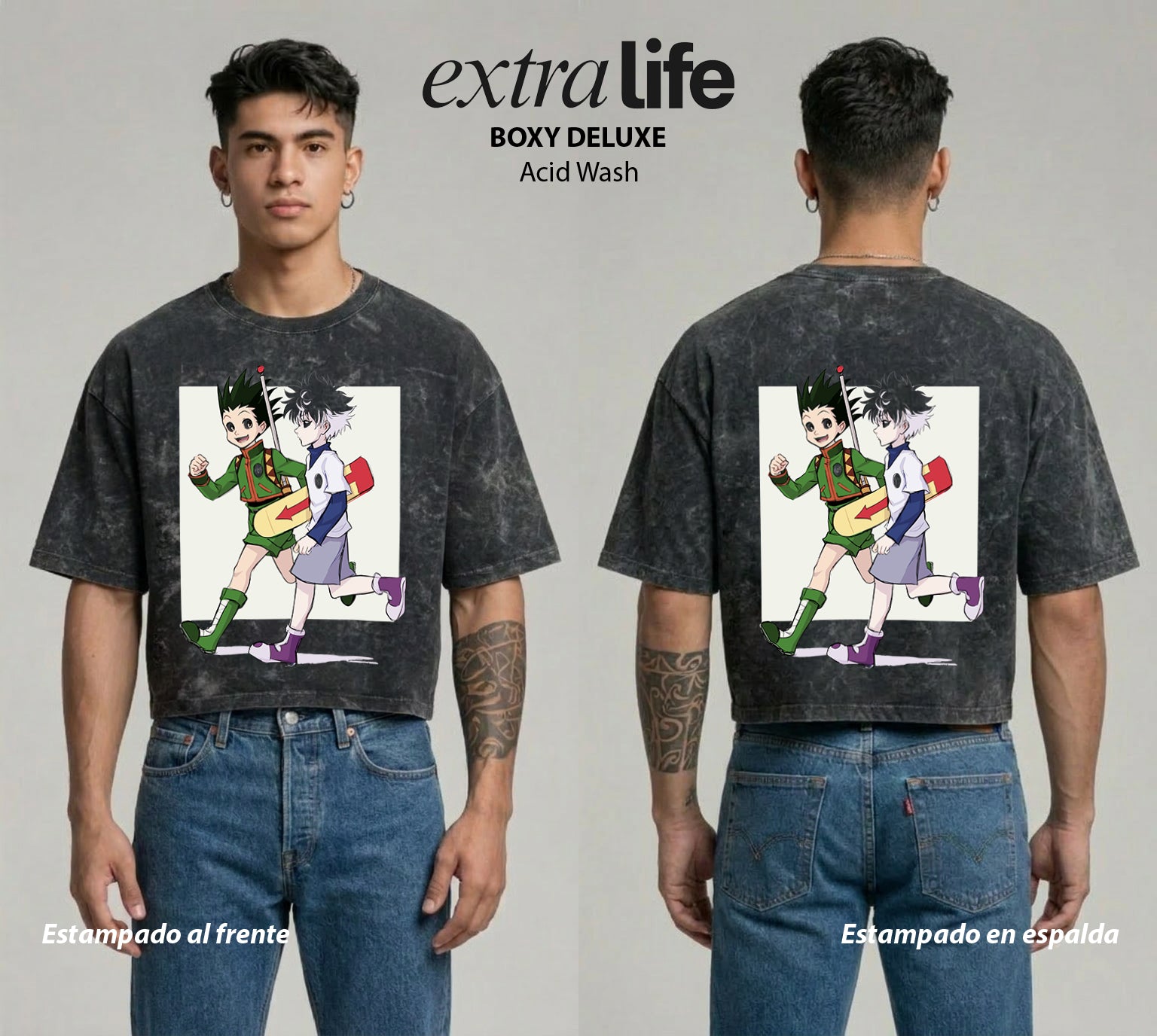 Playera streetwear premium de anime y gaming ExtraLife MX, corte boxy deluxe mineral wash heavyweight en color Acid Wash, moda urbana mexicana de culto.