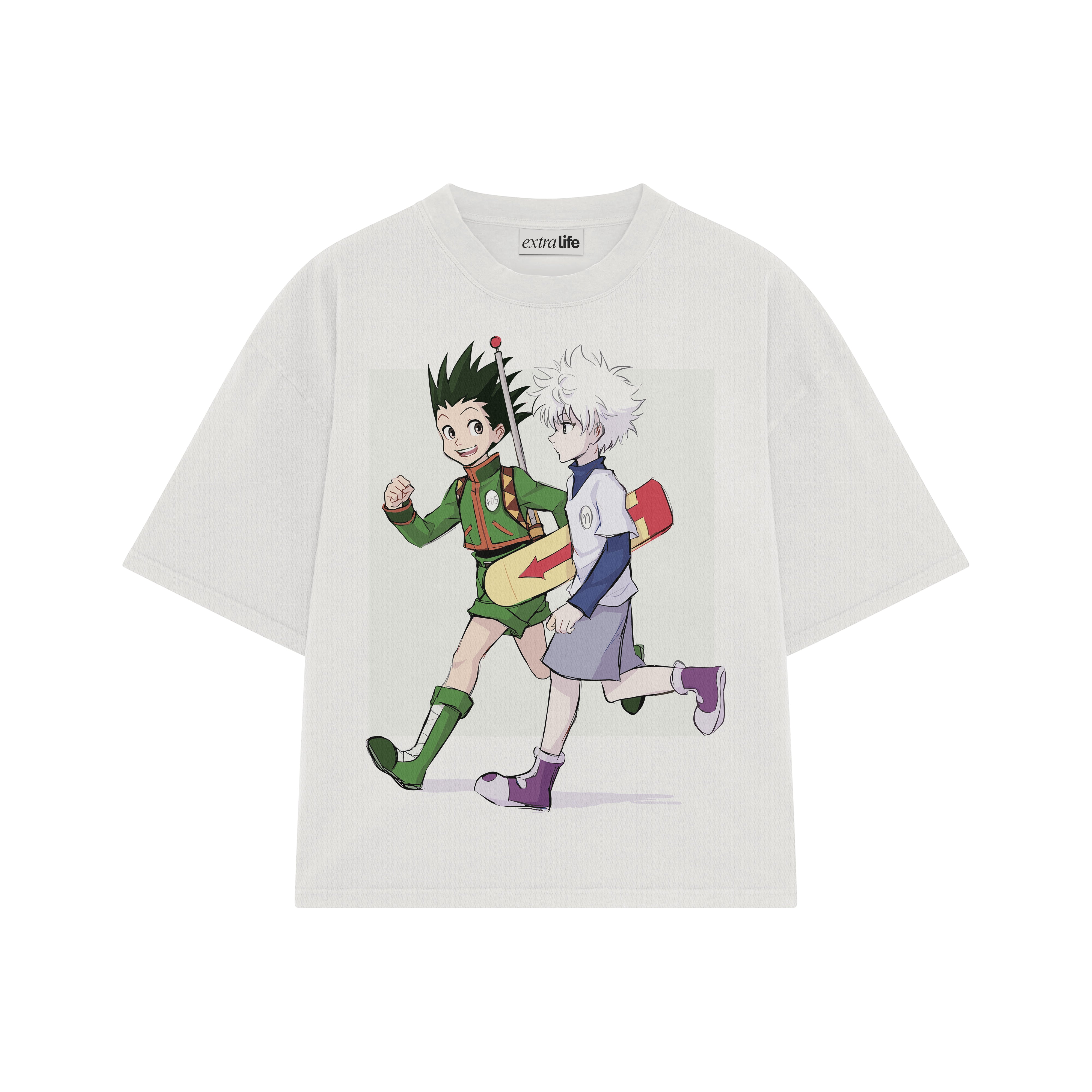 Playera streetwear premium de anime y gaming ExtraLife MX, corte boxy oversized drop shoulder heavyweight en color Deep Black y Off-White, moda urbana mexicana de culto.