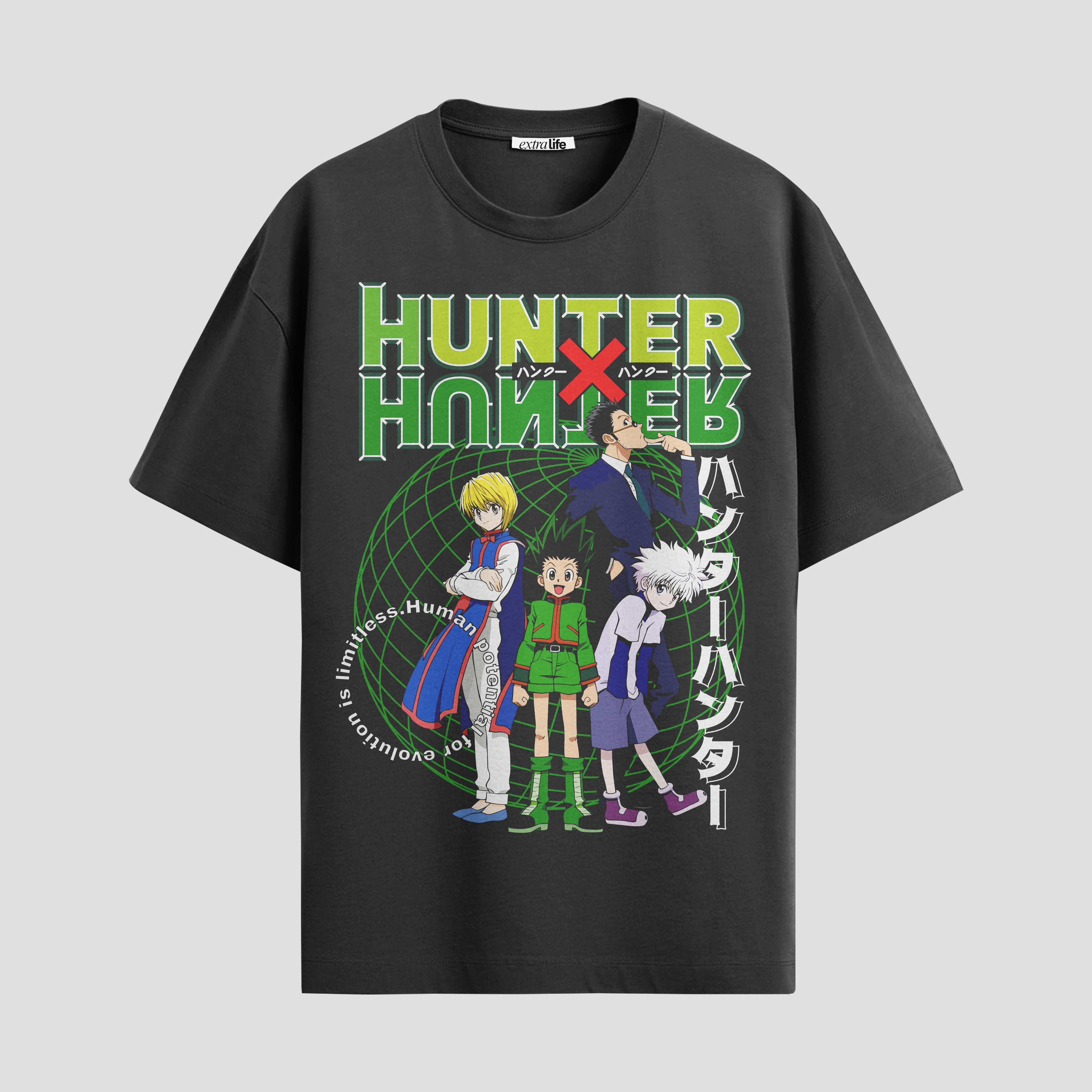 Playera urbana de anime y gaming ExtraLife MX, corte Standard Fit unisex ligero y transpirable en color Deep Black y Pure White, ropa de uso diario para gym y casual.