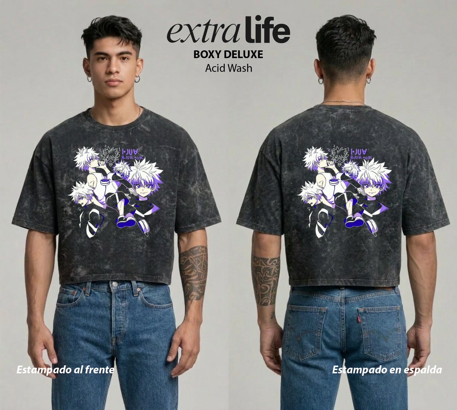 Playera streetwear premium de anime y gaming ExtraLife MX, corte boxy deluxe mineral wash heavyweight en color Acid Wash, moda urbana mexicana de culto.