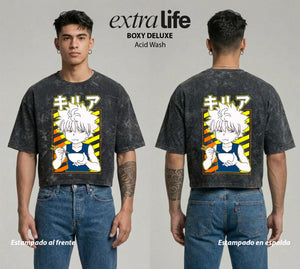 Playera streetwear premium de anime y gaming ExtraLife MX, corte boxy deluxe mineral wash heavyweight en color Acid Wash, moda urbana mexicana de culto.