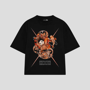 Playera streetwear premium de anime y gaming ExtraLife MX, corte boxy oversized drop shoulder heavyweight en color Deep Black y Off-White, moda urbana mexicana de culto.