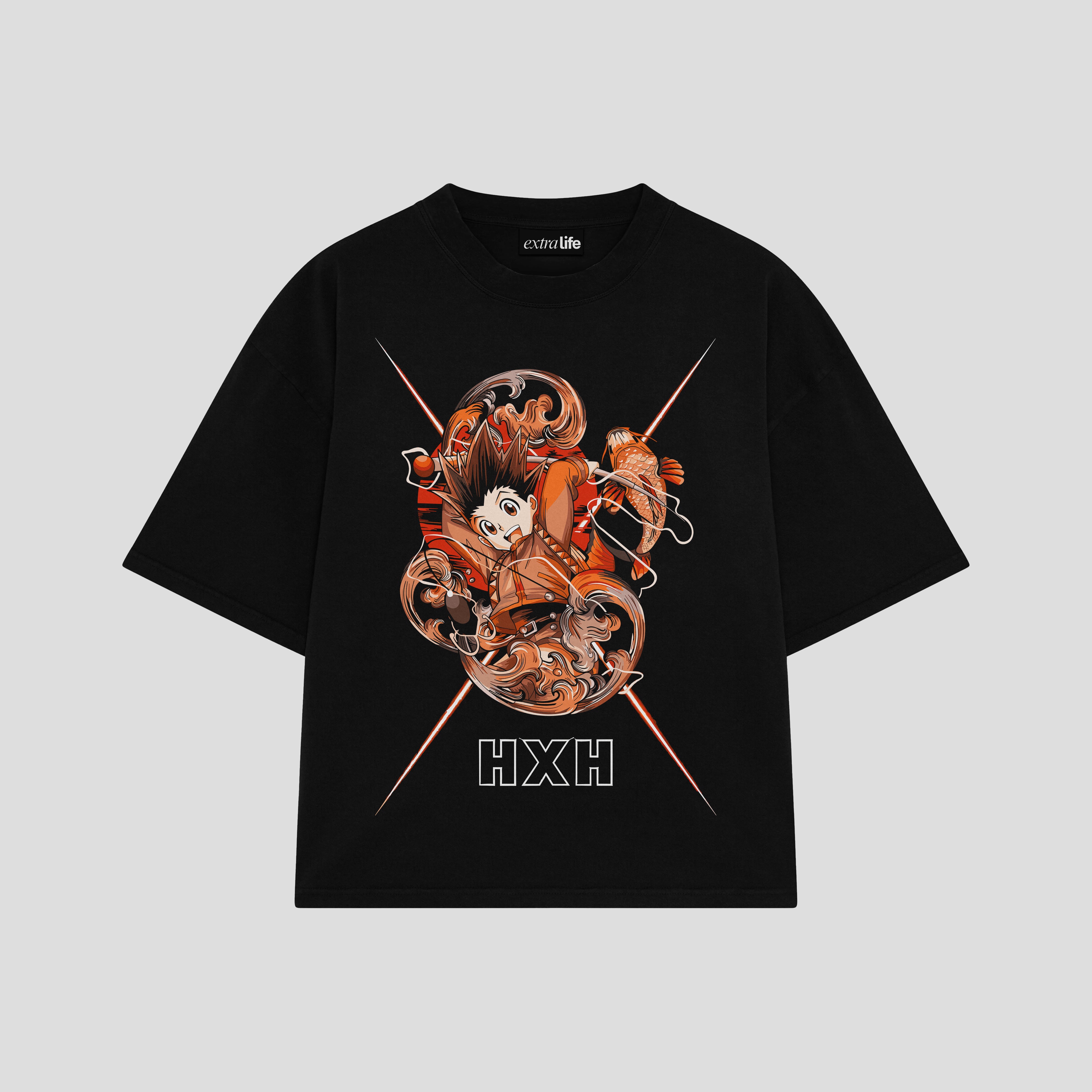 Playera streetwear premium de anime y gaming ExtraLife MX, corte boxy oversized drop shoulder heavyweight en color Deep Black y Off-White, moda urbana mexicana de culto.