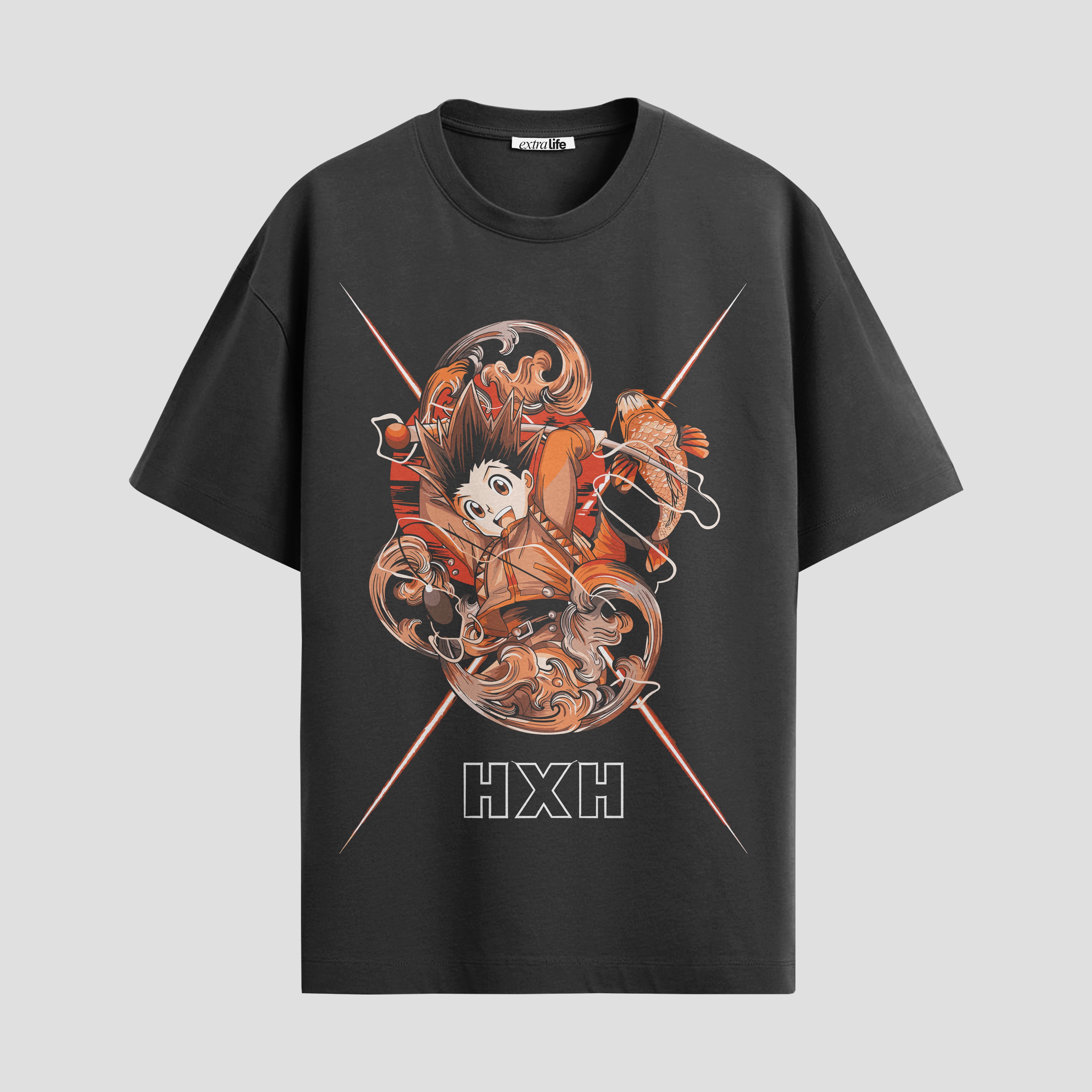 Playera urbana de anime y gaming ExtraLife MX, corte Standard Fit unisex ligero y transpirable en color Deep Black y Pure White, ropa de uso diario para gym y casual.