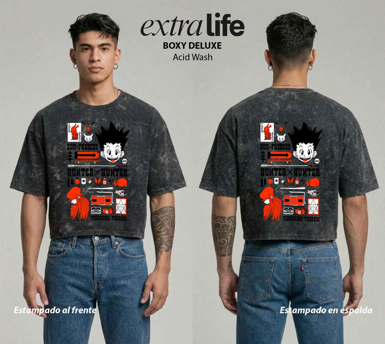 Playera streetwear premium de anime y gaming ExtraLife MX, corte boxy deluxe mineral wash heavyweight en color Acid Wash, moda urbana mexicana de culto.