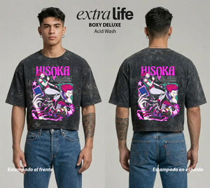 Playera streetwear premium de anime y gaming ExtraLife MX, corte boxy deluxe mineral wash heavyweight en color Acid Wash, moda urbana mexicana de culto.