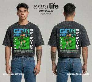 Playera streetwear premium de anime y gaming ExtraLife MX, corte boxy deluxe mineral wash heavyweight en color Acid Wash, moda urbana mexicana de culto.