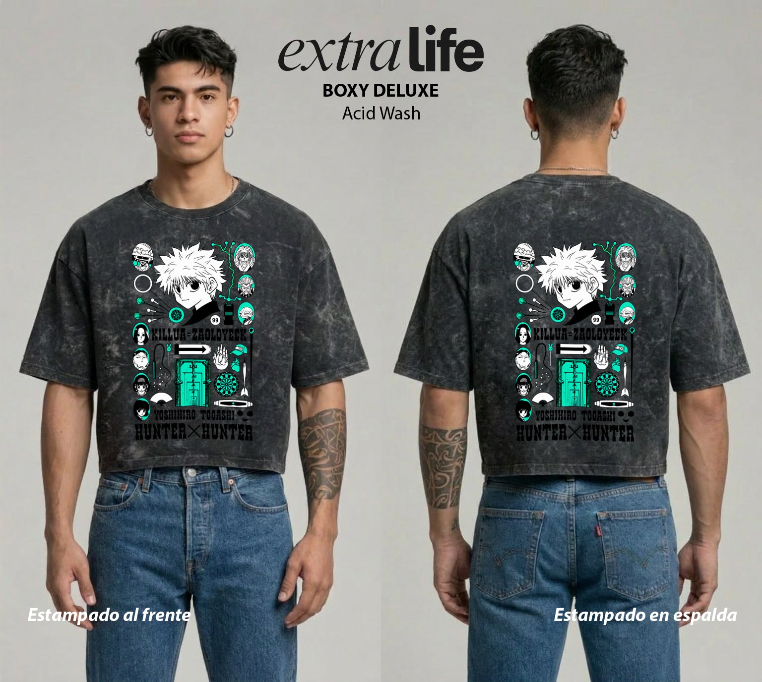 Playera streetwear premium de anime y gaming ExtraLife MX, corte boxy deluxe mineral wash heavyweight en color Acid Wash, moda urbana mexicana de culto.