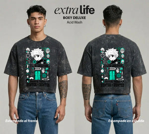 Playera streetwear premium de anime y gaming ExtraLife MX, corte boxy deluxe mineral wash heavyweight en color Acid Wash, moda urbana mexicana de culto.