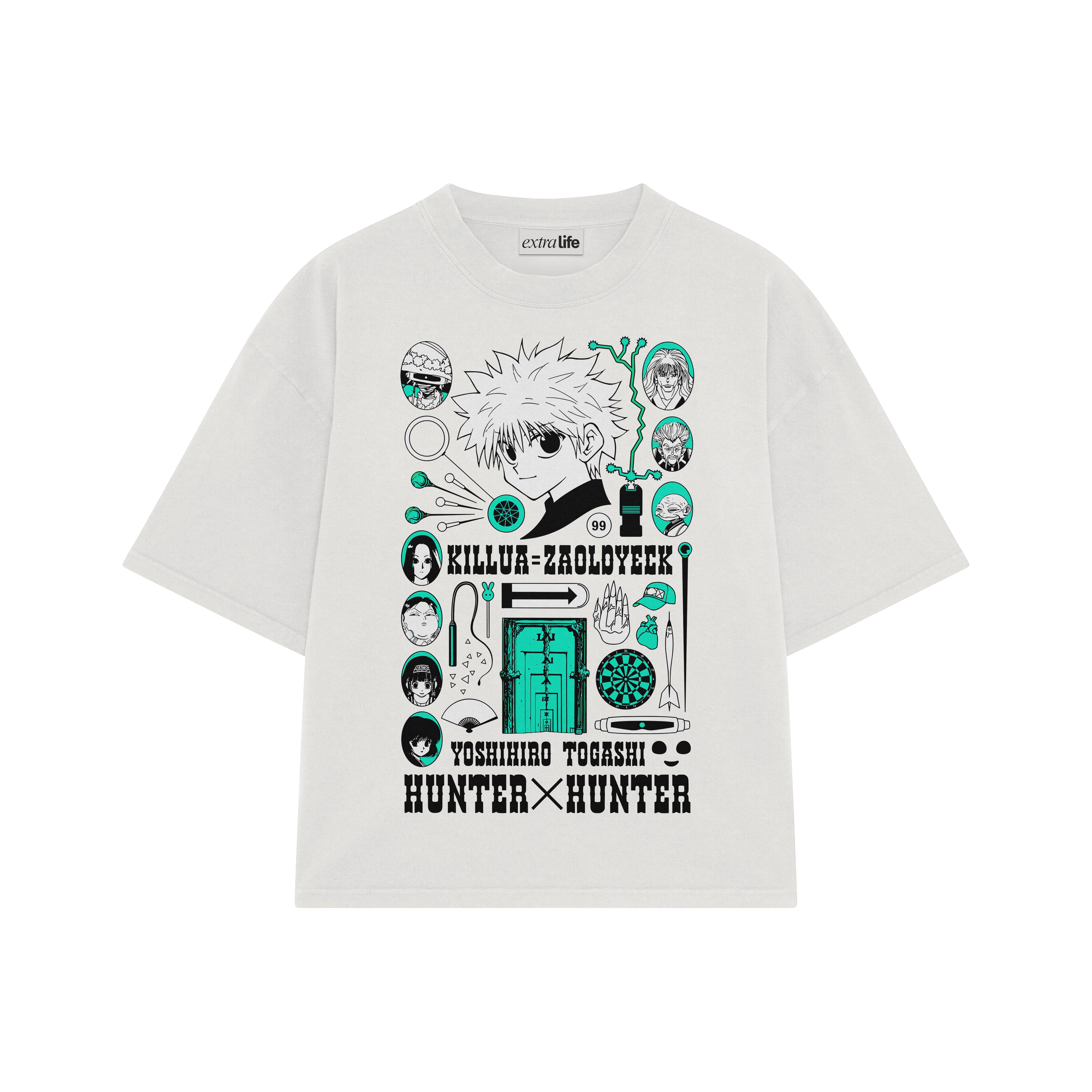 Playera streetwear premium de anime y gaming ExtraLife MX, corte boxy oversized drop shoulder heavyweight en color Deep Black y Off-White, moda urbana mexicana de culto.