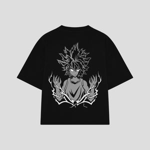 Playera streetwear premium de anime y gaming ExtraLife MX, corte boxy oversized drop shoulder heavyweight en color Deep Black y Off-White, moda urbana mexicana de culto.