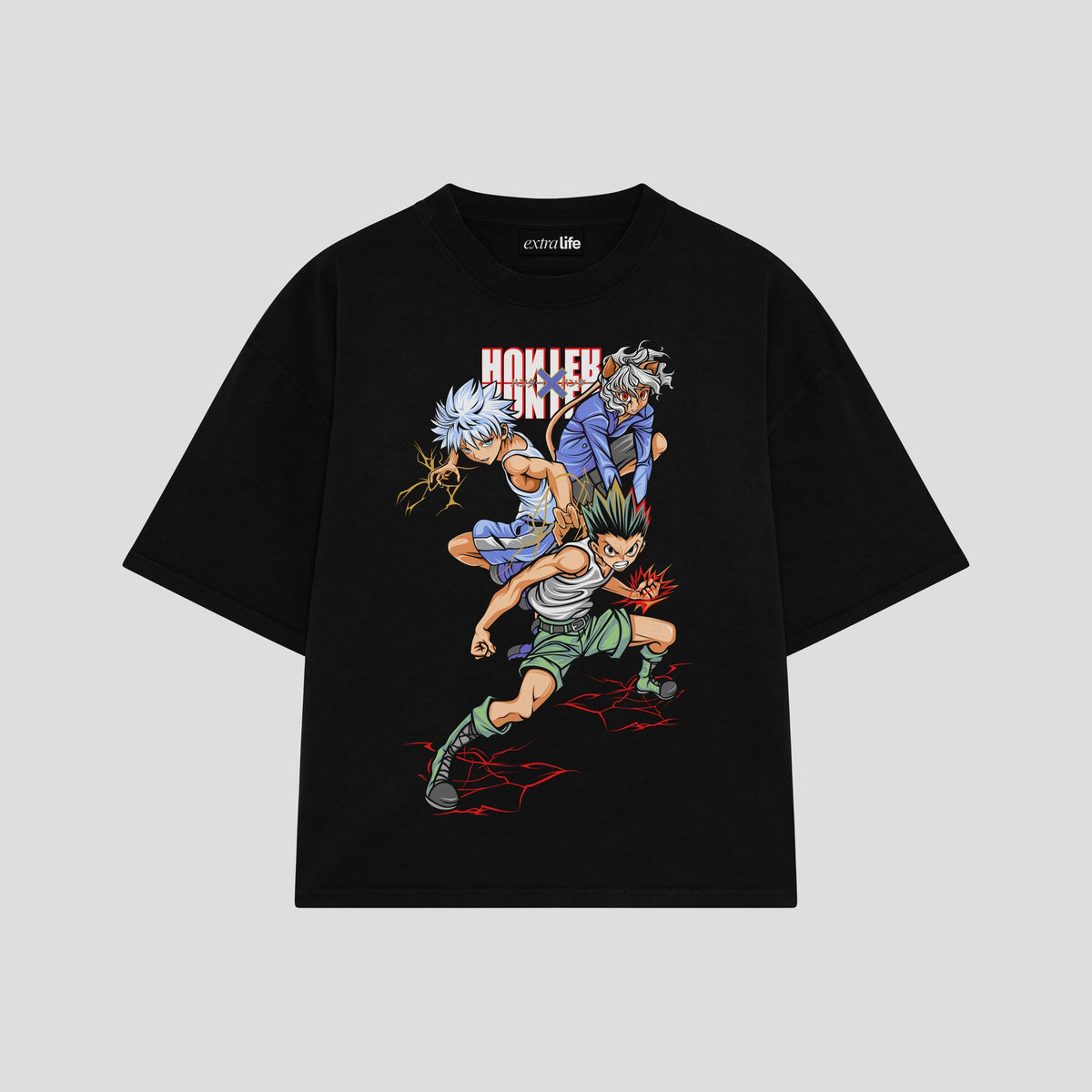 Playera streetwear premium de anime y gaming ExtraLife MX, corte oversized drop shoulder ligero y fresco en color Deep Black y Off-White, moda urbana mexicana de culto.