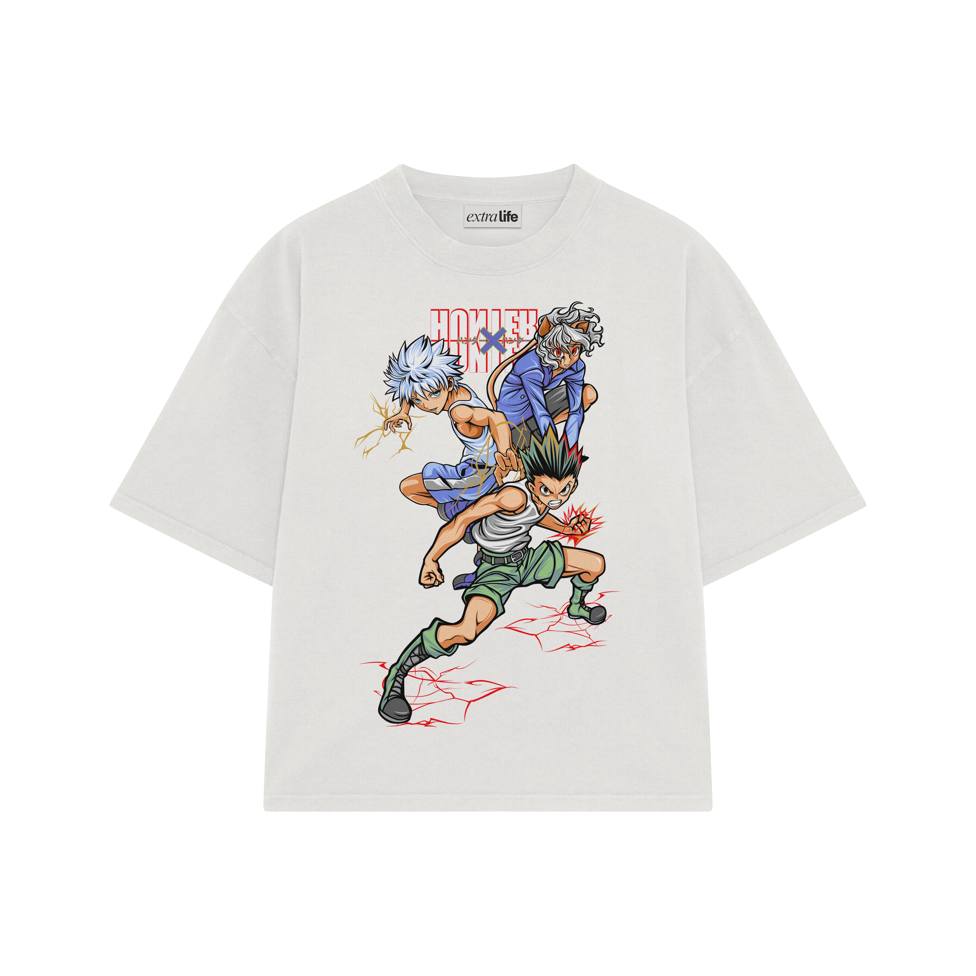 Playera streetwear premium de anime y gaming ExtraLife MX, corte boxy oversized drop shoulder heavyweight en color Deep Black y Off-White, moda urbana mexicana de culto.