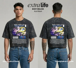 Playera streetwear premium de anime y gaming ExtraLife MX, corte boxy deluxe mineral wash heavyweight en color Acid Wash, moda urbana mexicana de culto.