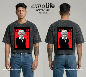 Playera streetwear premium de anime y gaming ExtraLife MX, corte boxy deluxe mineral wash heavyweight en color Acid Wash, moda urbana mexicana de culto.