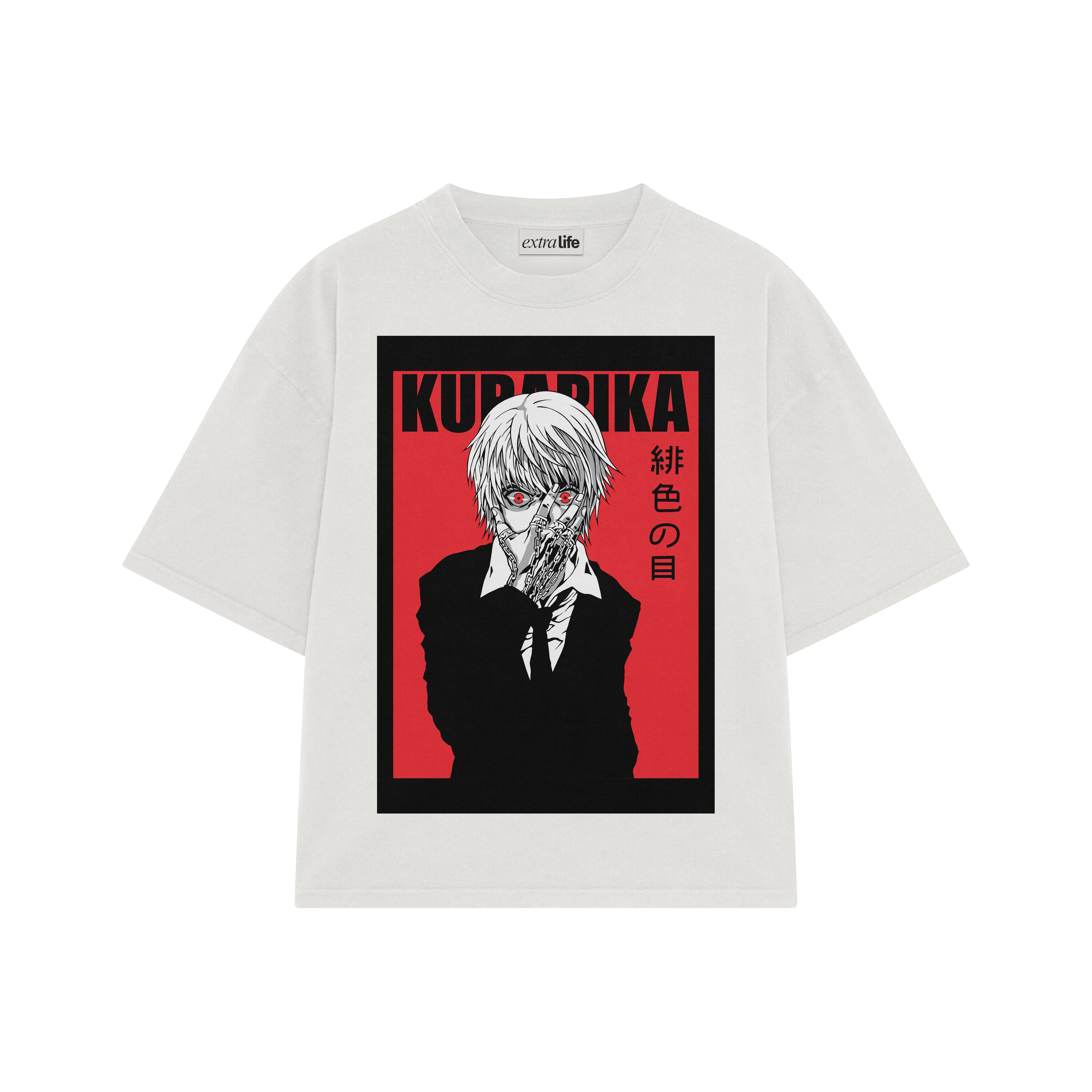 Playera streetwear premium de anime y gaming ExtraLife MX, corte boxy oversized drop shoulder heavyweight en color Deep Black y Off-White, moda urbana mexicana de culto.