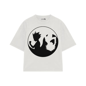Playera streetwear premium de anime y gaming ExtraLife MX, corte boxy oversized drop shoulder heavyweight en color Deep Black y Off-White, moda urbana mexicana de culto.