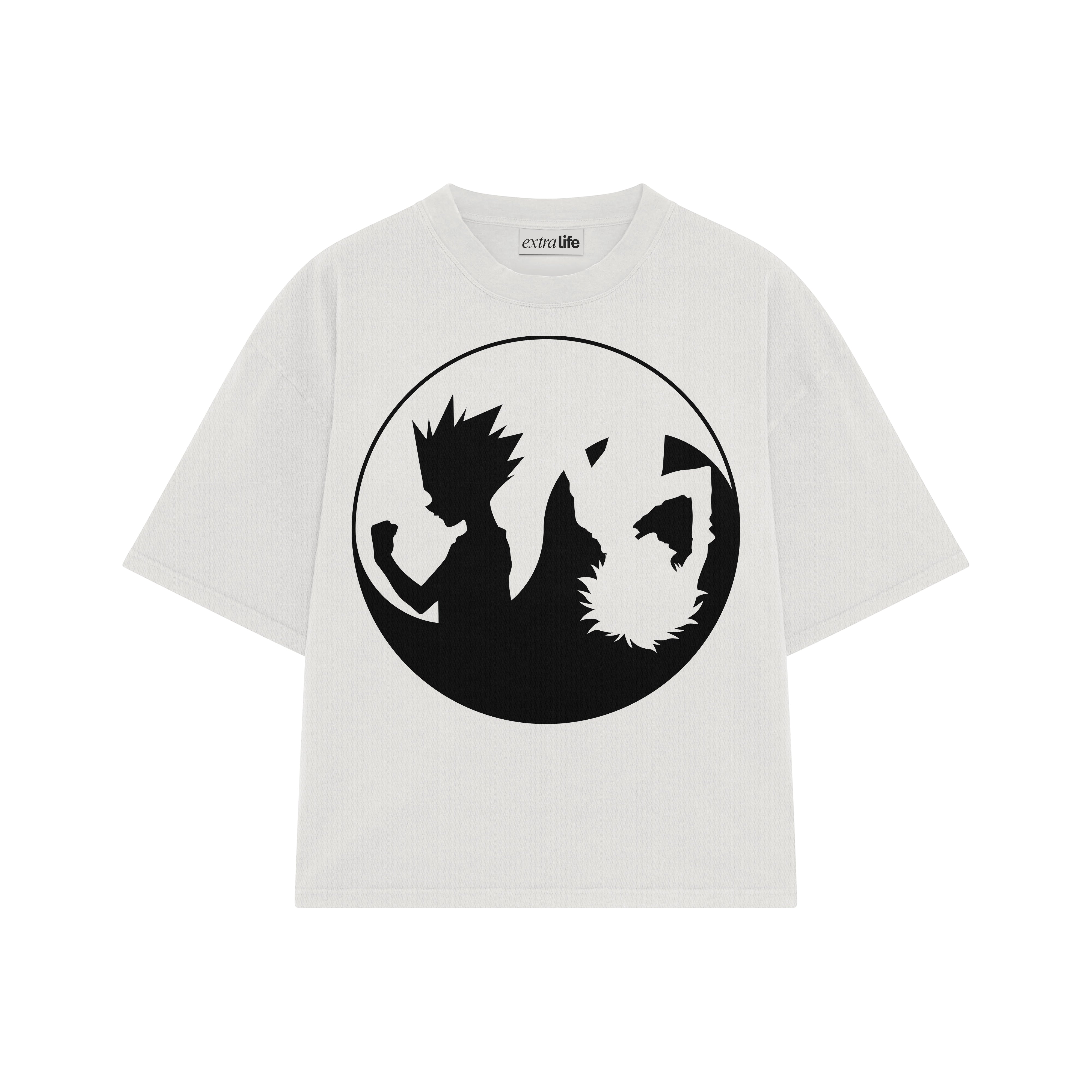 Playera streetwear premium de anime y gaming ExtraLife MX, corte boxy oversized drop shoulder heavyweight en color Deep Black y Off-White, moda urbana mexicana de culto.