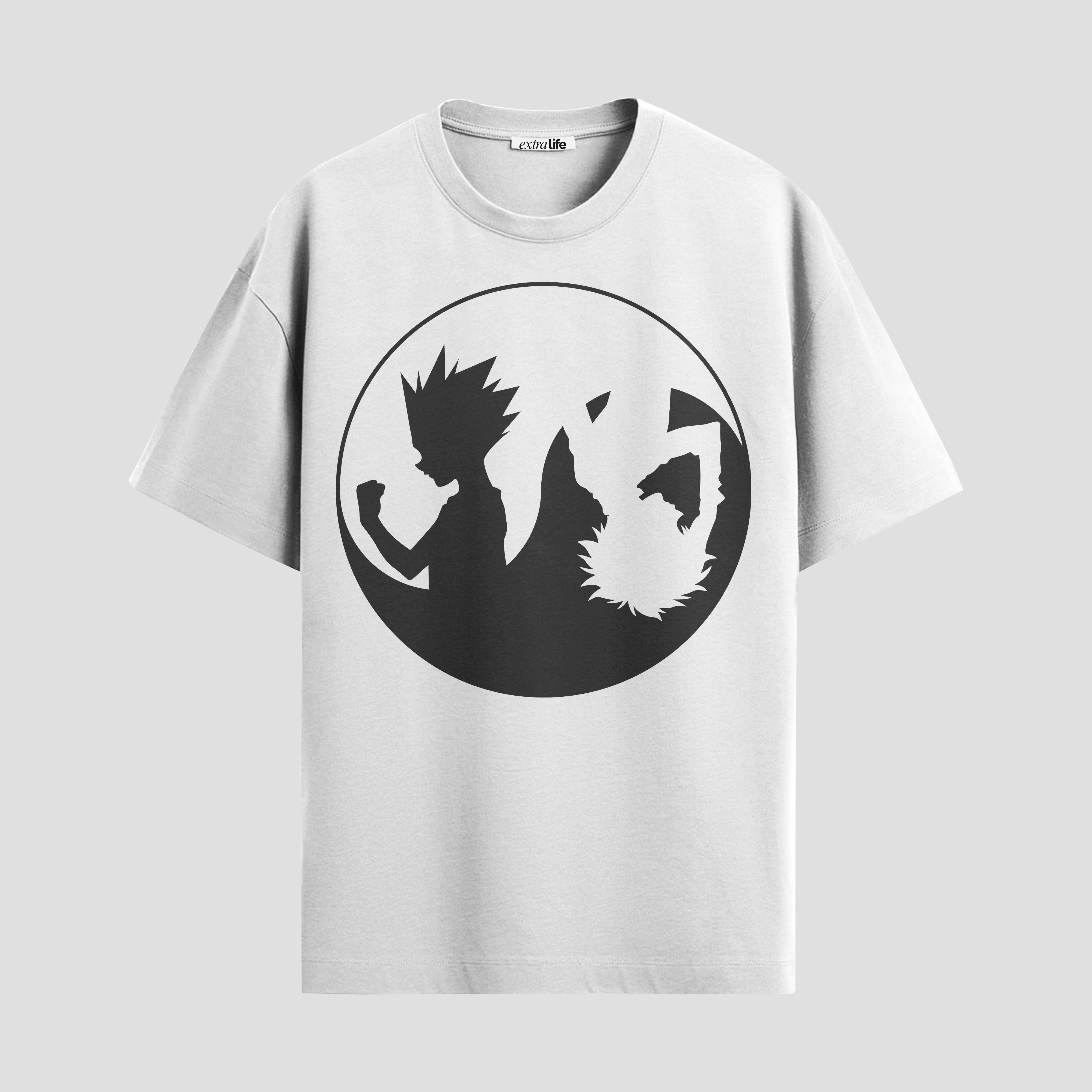 Playera urbana de anime y gaming ExtraLife MX, corte Standard Fit unisex ligero y transpirable en color Deep Black y Pure White, ropa de uso diario para gym y casual.