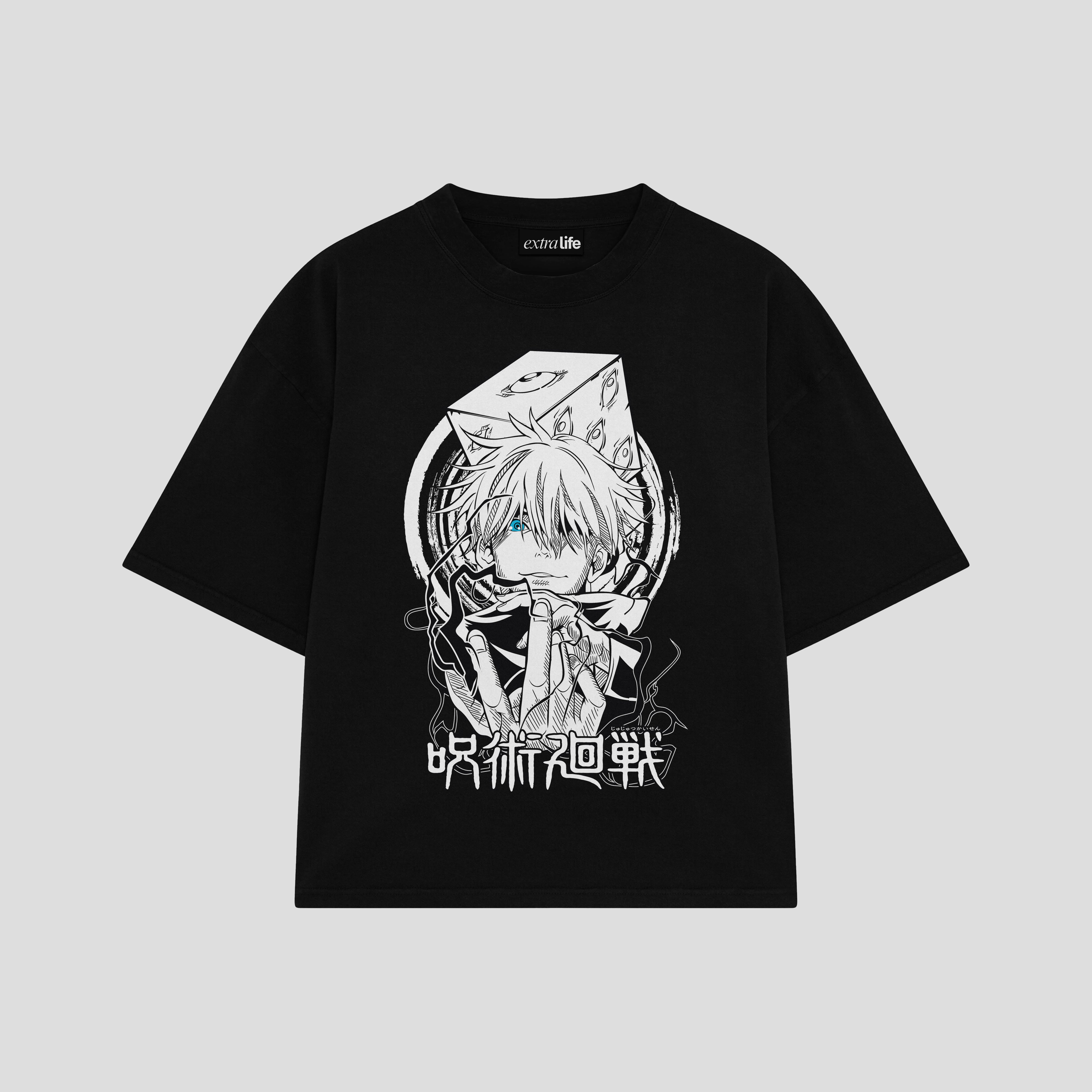 Playera streetwear premium de anime y gaming ExtraLife MX, corte boxy oversized drop shoulder heavyweight en color Deep Black y Off-White, moda urbana mexicana de culto.
