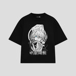 Playera streetwear premium de anime y gaming ExtraLife MX, corte boxy oversized drop shoulder heavyweight en color Deep Black y Off-White, moda urbana mexicana de culto.