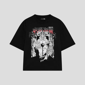 Playera streetwear premium de anime y gaming ExtraLife MX, corte boxy oversized drop shoulder heavyweight en color Deep Black y Off-White, moda urbana mexicana de culto.