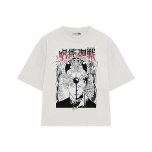 Playera streetwear premium de anime y gaming ExtraLife MX, corte boxy oversized drop shoulder heavyweight en color Deep Black y Off-White, moda urbana mexicana de culto.