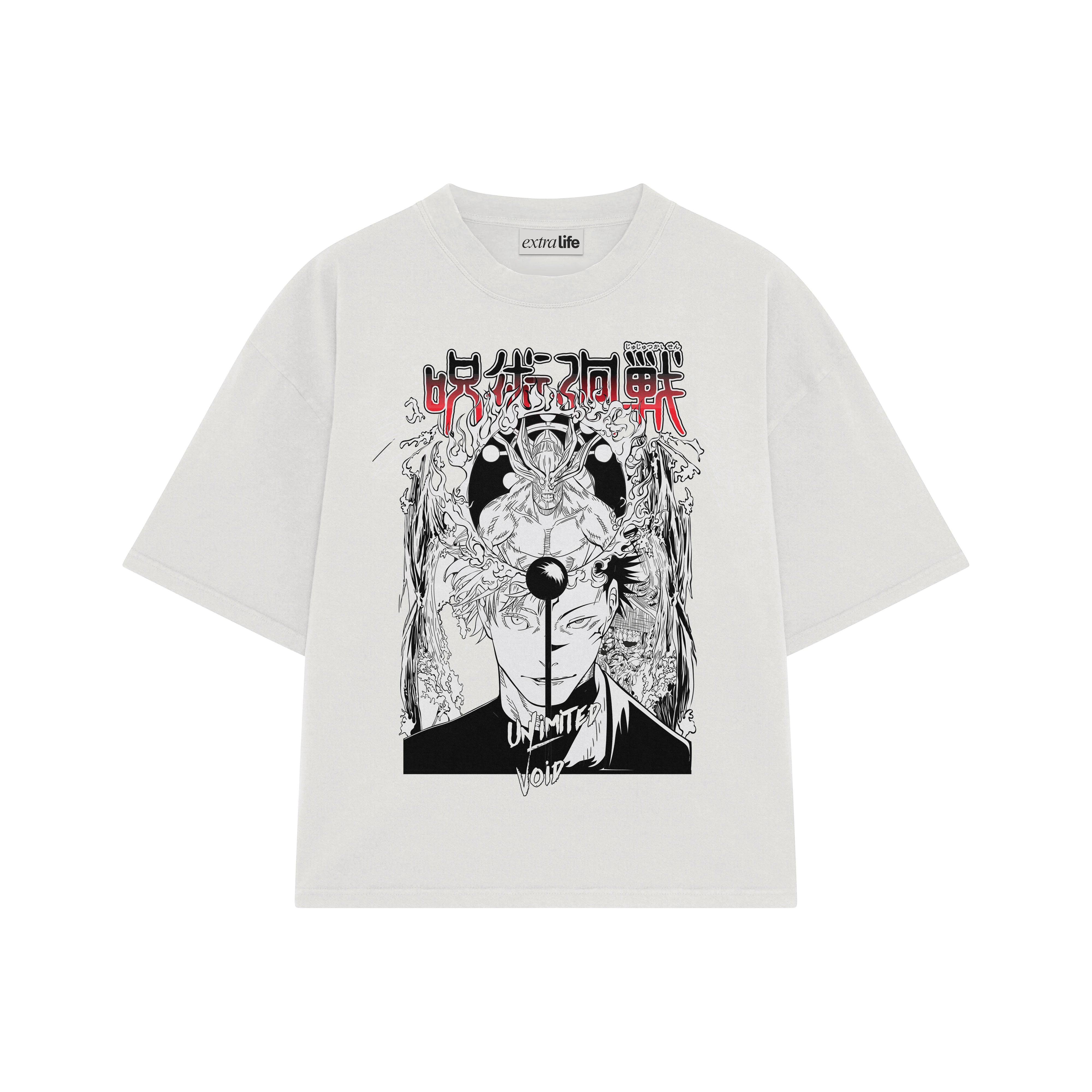 Playera streetwear premium de anime y gaming ExtraLife MX, corte boxy oversized drop shoulder heavyweight en color Deep Black y Off-White, moda urbana mexicana de culto.