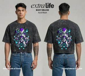 Playera streetwear premium de anime y gaming ExtraLife MX, corte boxy deluxe mineral wash heavyweight en color Acid Wash, moda urbana mexicana de culto.