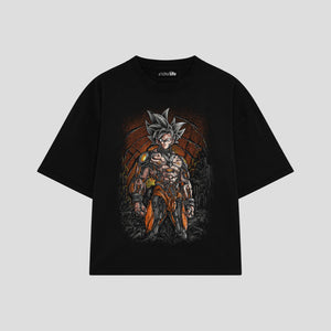 Playera streetwear premium de anime y gaming ExtraLife MX, corte boxy oversized drop shoulder heavyweight en color Deep Black y Off-White, moda urbana mexicana de culto.