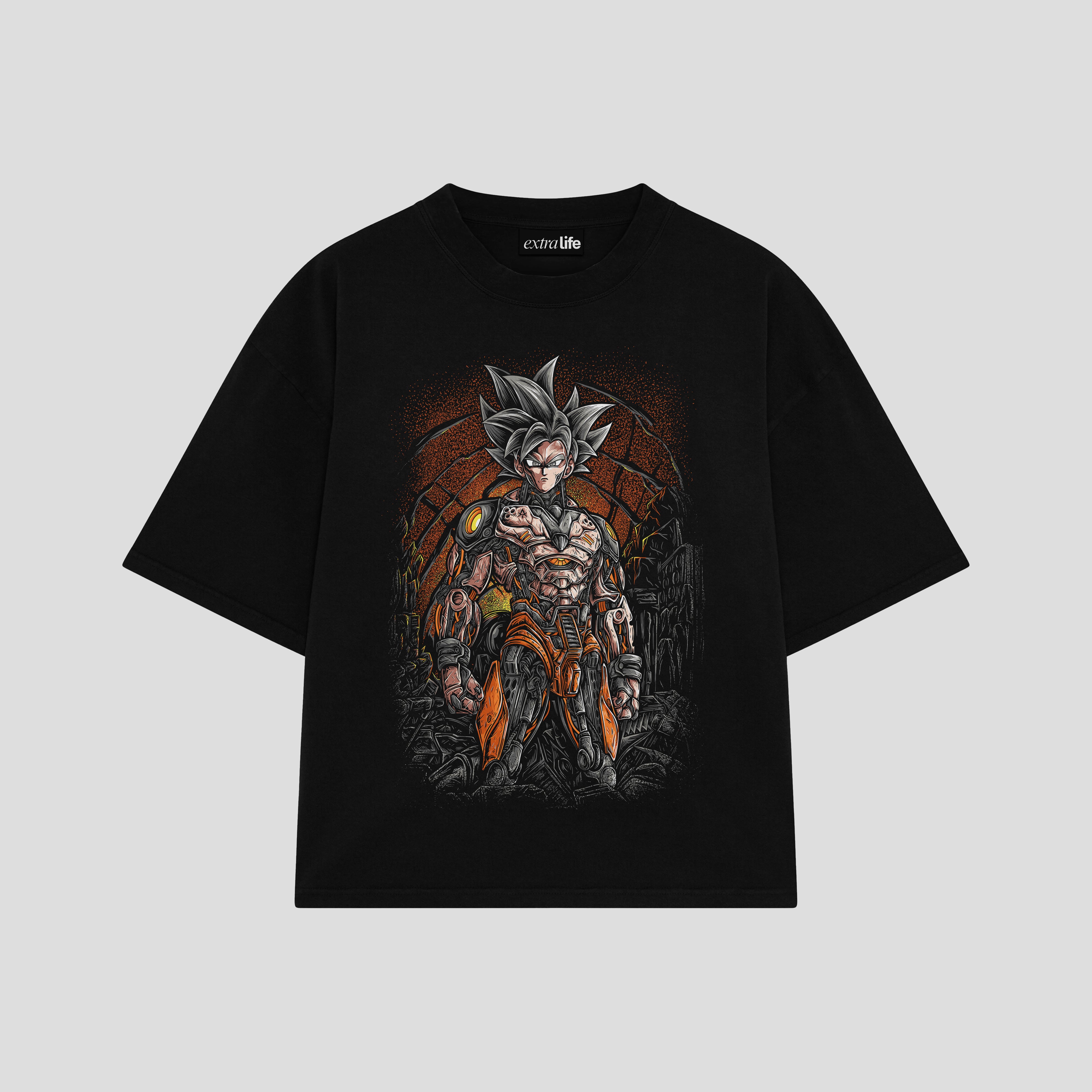 Playera streetwear premium de anime y gaming ExtraLife MX, corte boxy oversized drop shoulder heavyweight en color Deep Black y Off-White, moda urbana mexicana de culto.