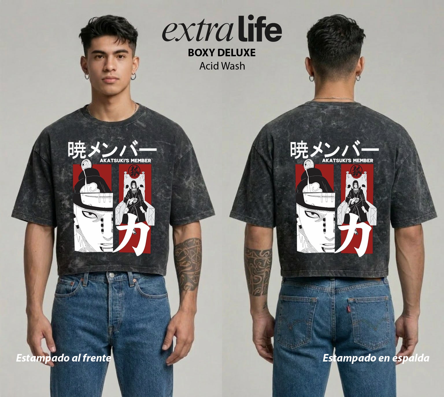 Playera streetwear premium de anime y gaming ExtraLife MX, corte boxy deluxe mineral wash heavyweight en color Acid Wash, moda urbana mexicana de culto.