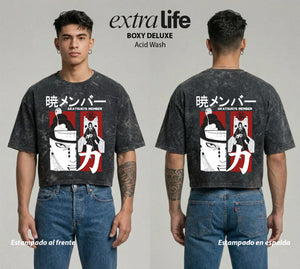 Playera streetwear premium de anime y gaming ExtraLife MX, corte boxy deluxe mineral wash heavyweight en color Acid Wash, moda urbana mexicana de culto.