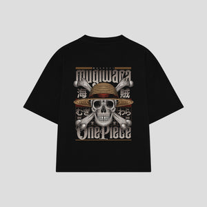Playera streetwear premium de anime y gaming ExtraLife MX, corte boxy oversized drop shoulder heavyweight en color Deep Black y Off-White, moda urbana mexicana de culto.