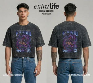 Playera streetwear premium de anime y gaming ExtraLife MX, corte boxy deluxe mineral wash heavyweight en color Acid Wash, moda urbana mexicana de culto.