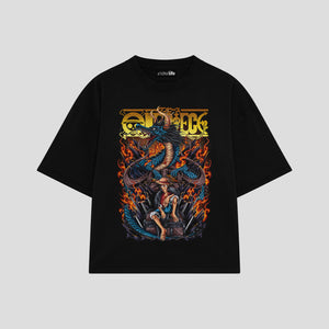 Playera streetwear premium de anime y gaming ExtraLife MX, corte boxy oversized drop shoulder heavyweight en color Deep Black y Off-White, moda urbana mexicana de culto.