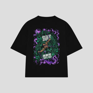 Playera streetwear premium de anime y gaming ExtraLife MX, corte boxy oversized drop shoulder heavyweight en color Deep Black y Off-White, moda urbana mexicana de culto.