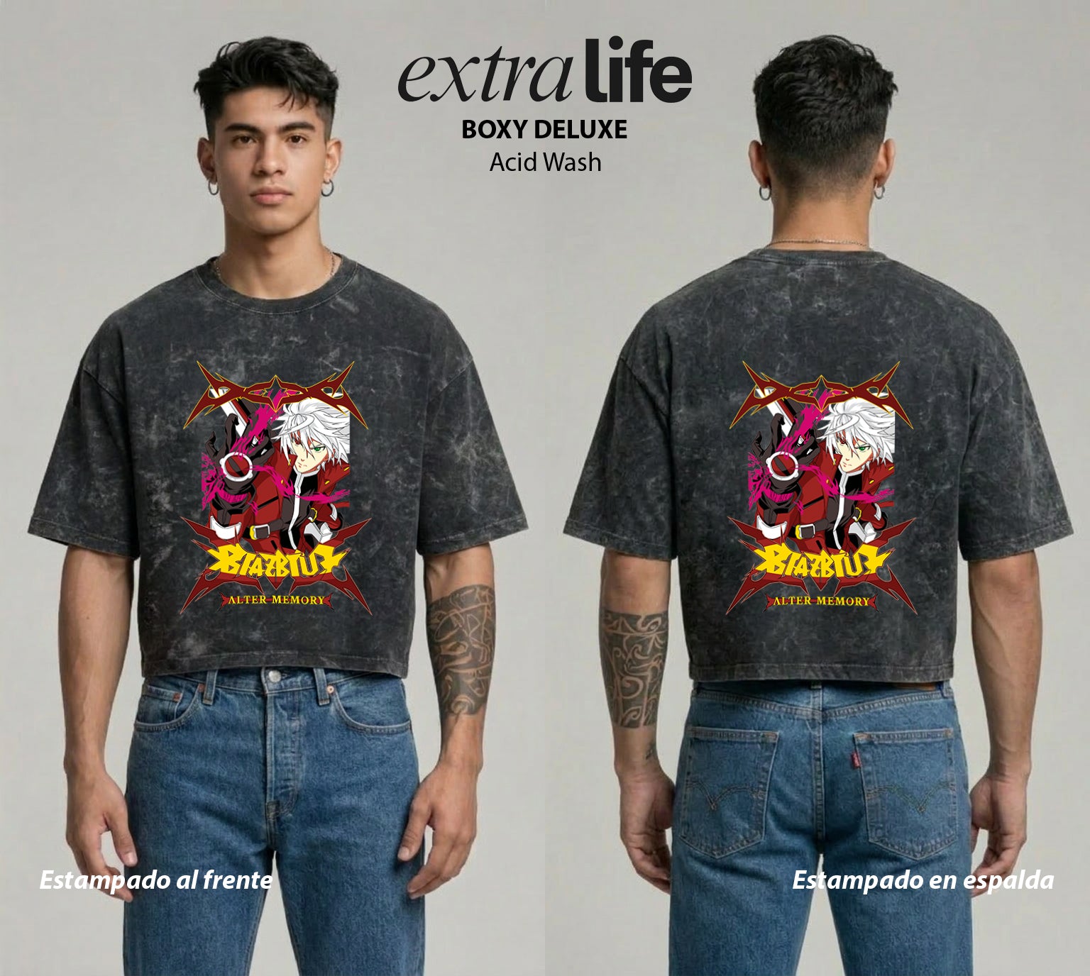 Playera streetwear premium de anime y gaming ExtraLife MX, corte boxy deluxe mineral wash heavyweight en color Acid Wash, moda urbana mexicana de culto.