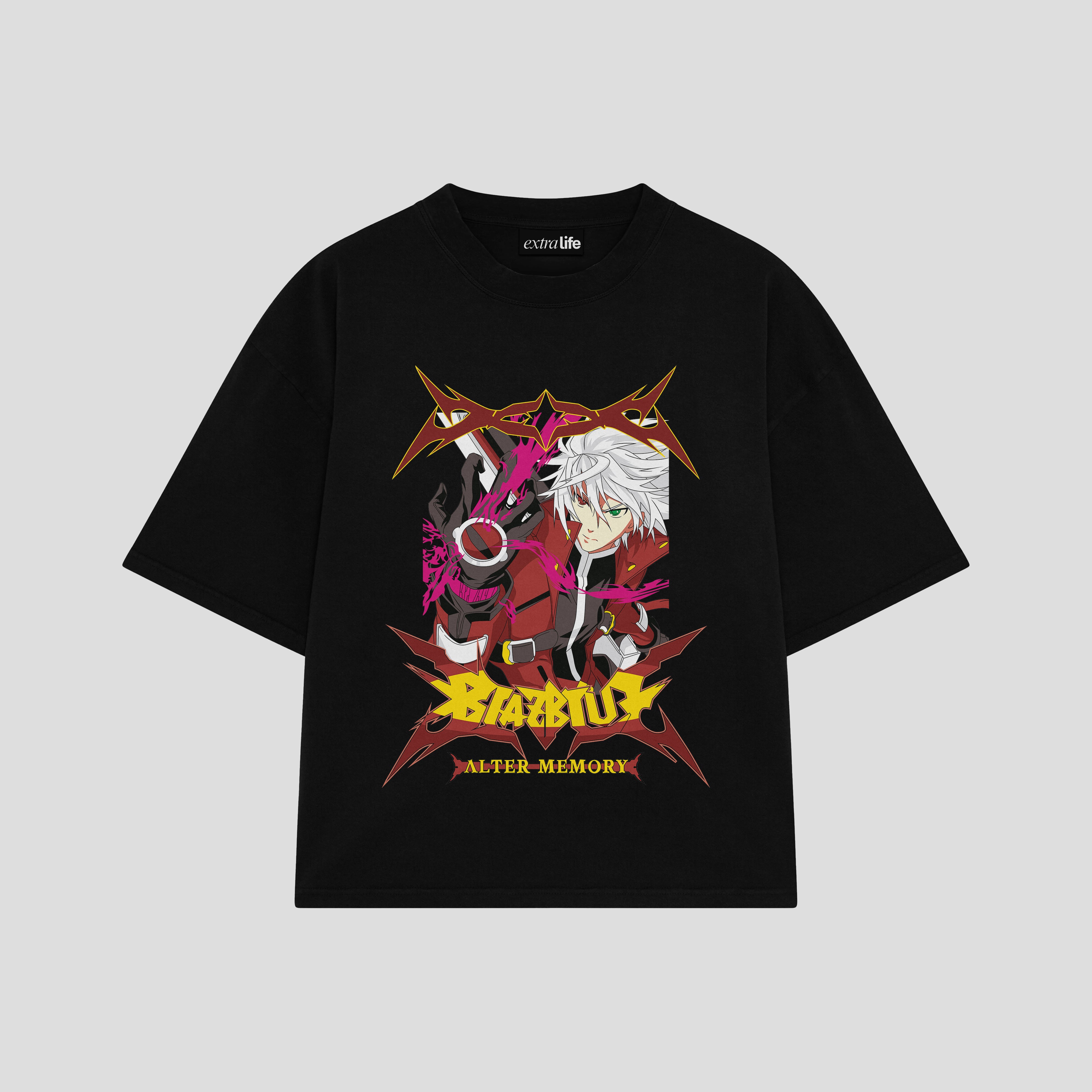 Playera streetwear premium de anime y gaming ExtraLife MX, corte boxy oversized drop shoulder heavyweight en color Deep Black y Off-White, moda urbana mexicana de culto.