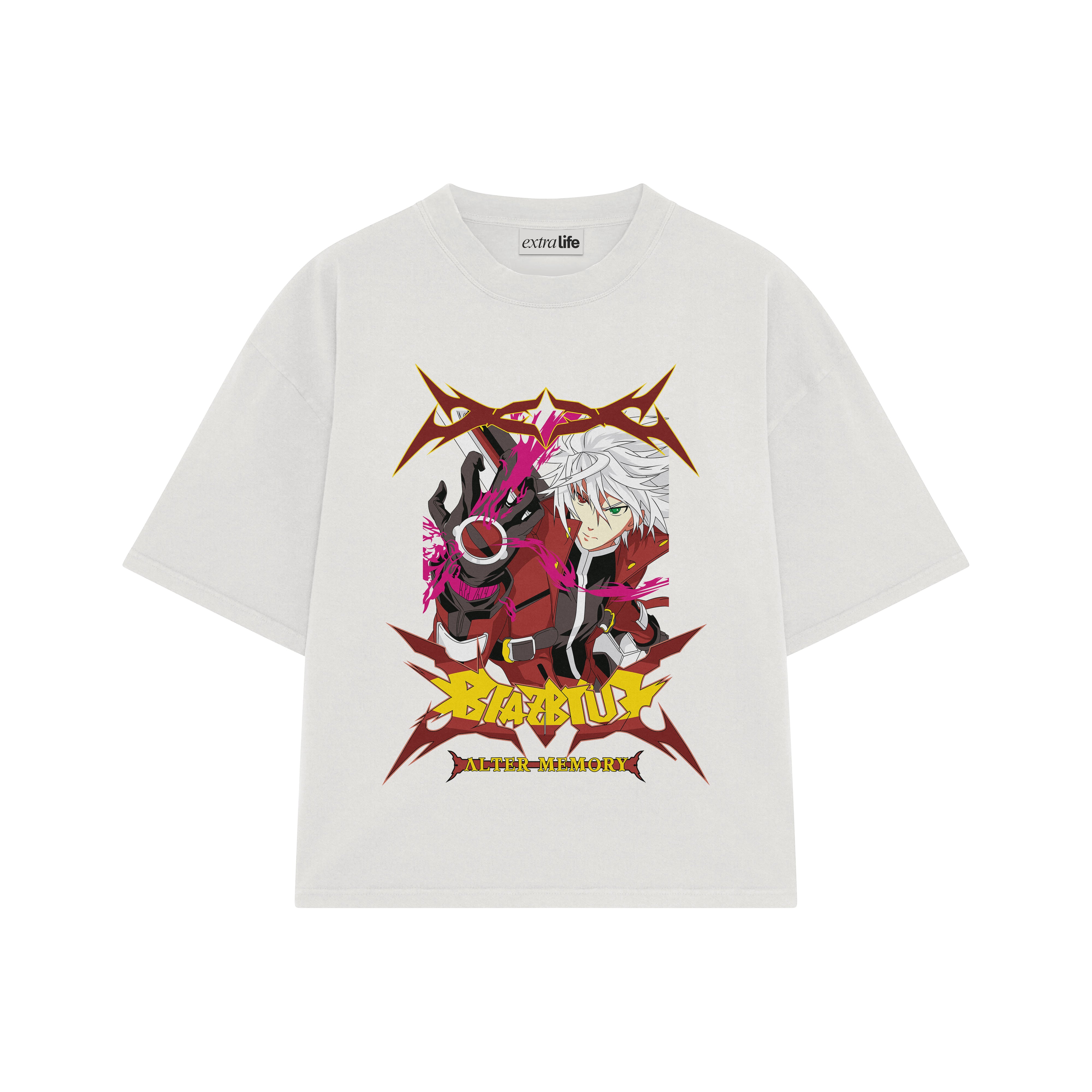 Playera streetwear premium de anime y gaming ExtraLife MX, corte boxy oversized drop shoulder heavyweight en color Deep Black y Off-White, moda urbana mexicana de culto.