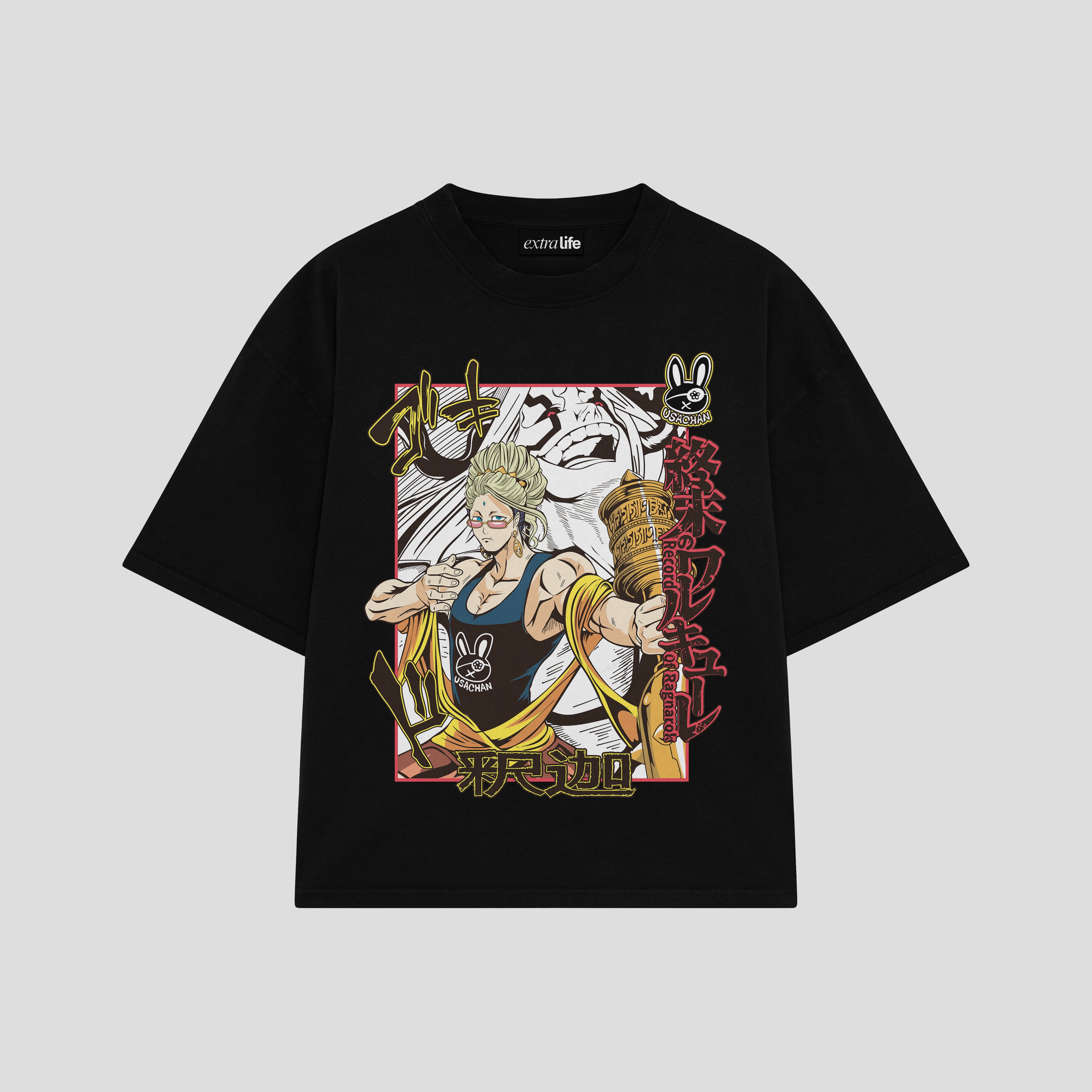 Playera streetwear premium de anime y gaming ExtraLife MX, corte boxy oversized drop shoulder heavyweight en color Deep Black y Off-White, moda urbana mexicana de culto.