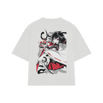 Playera streetwear premium de anime y gaming ExtraLife MX, corte boxy oversized drop shoulder heavyweight en color Deep Black y Off-White, moda urbana mexicana de culto.