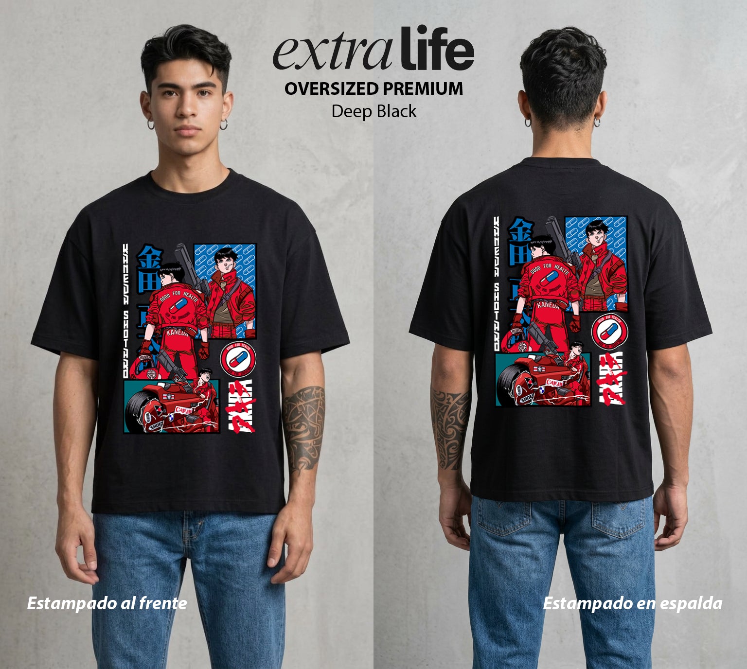 Neo Tokyo | Moto Roja del Futuro #04818 - Playera Oversized Premium | Deep Black - Foto en modelo