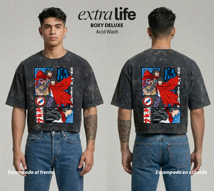 Playera streetwear premium de anime y gaming ExtraLife MX, corte boxy deluxe mineral wash heavyweight en color Acid Wash, moda urbana mexicana de culto.